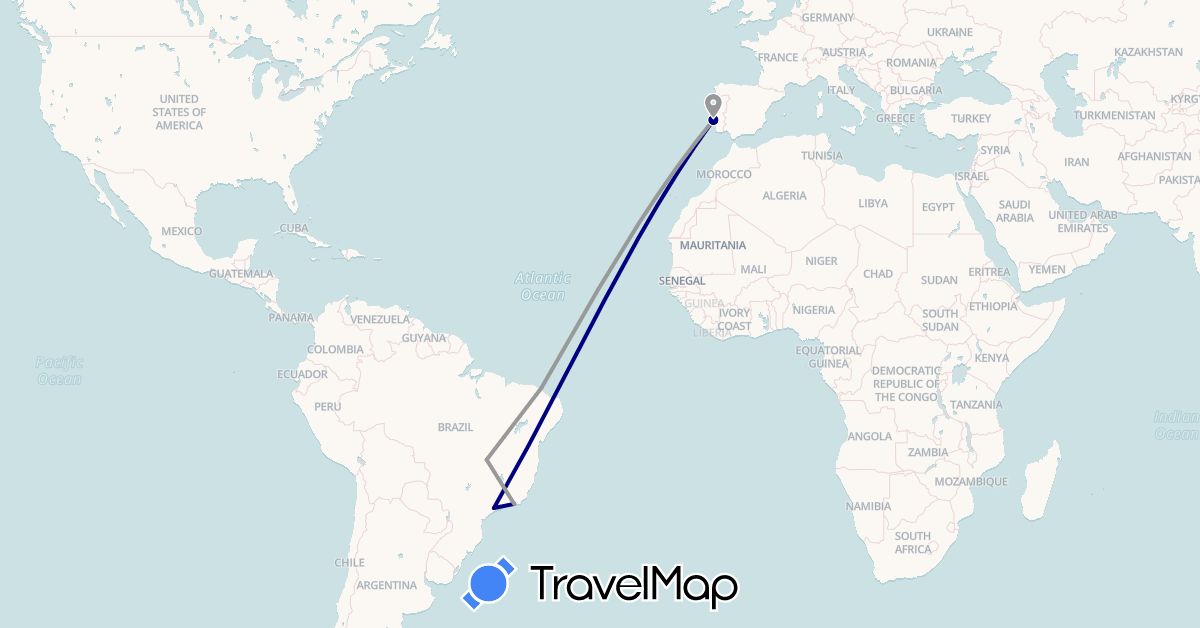 TravelMap itinerary: driving, plane in Brazil, Portugal (Europe, South America)